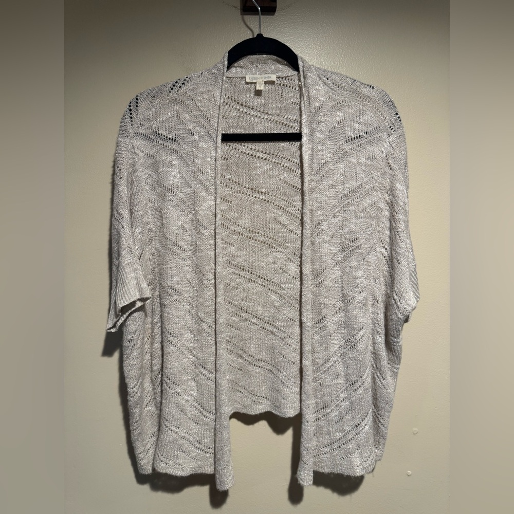 Eileen Fisher Karma Ripple Stitch Pointelle Linen Blend Cardigan Size XS